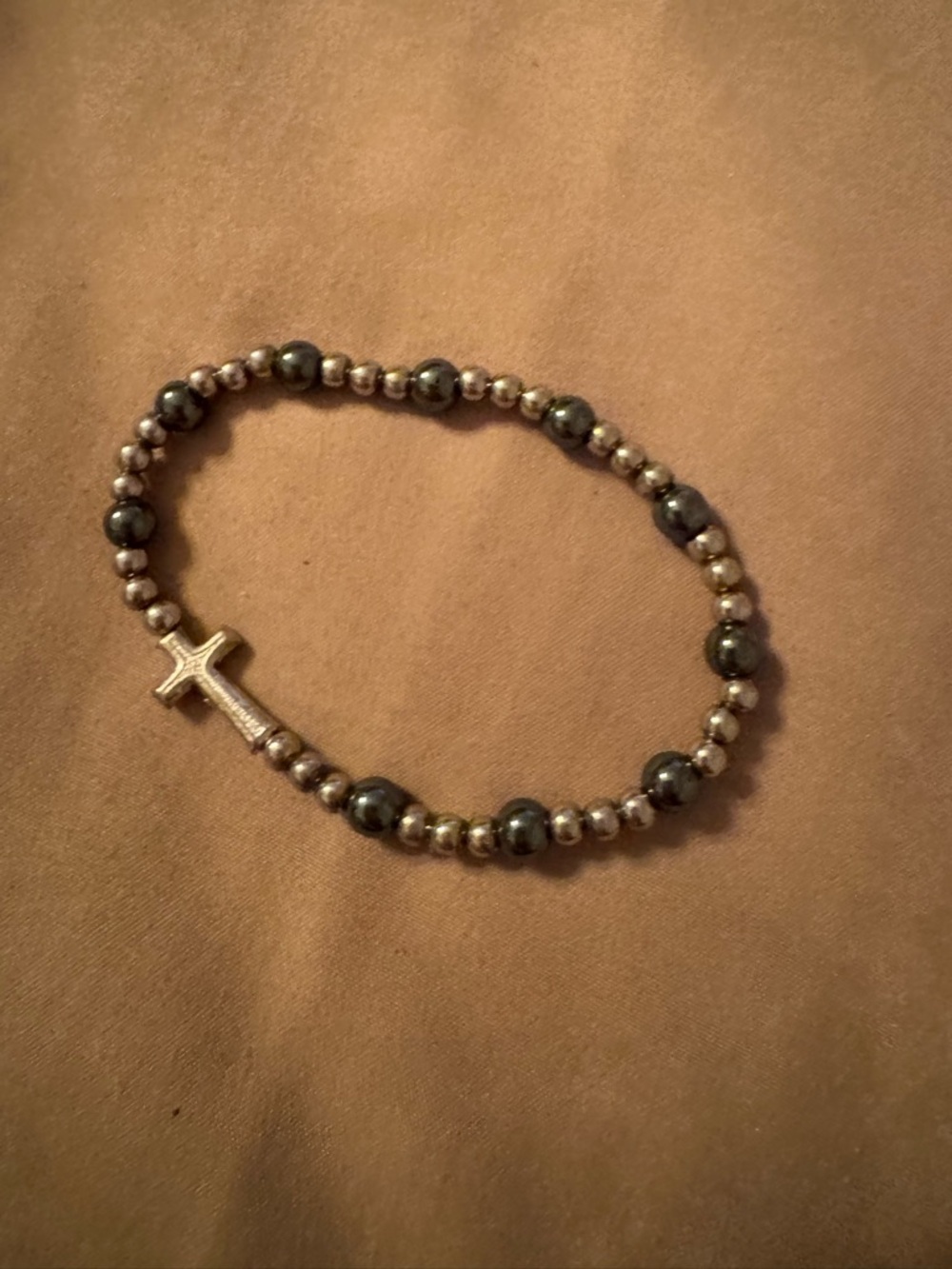 Cross Bead Stretch Bracelet in Silver and Hematite